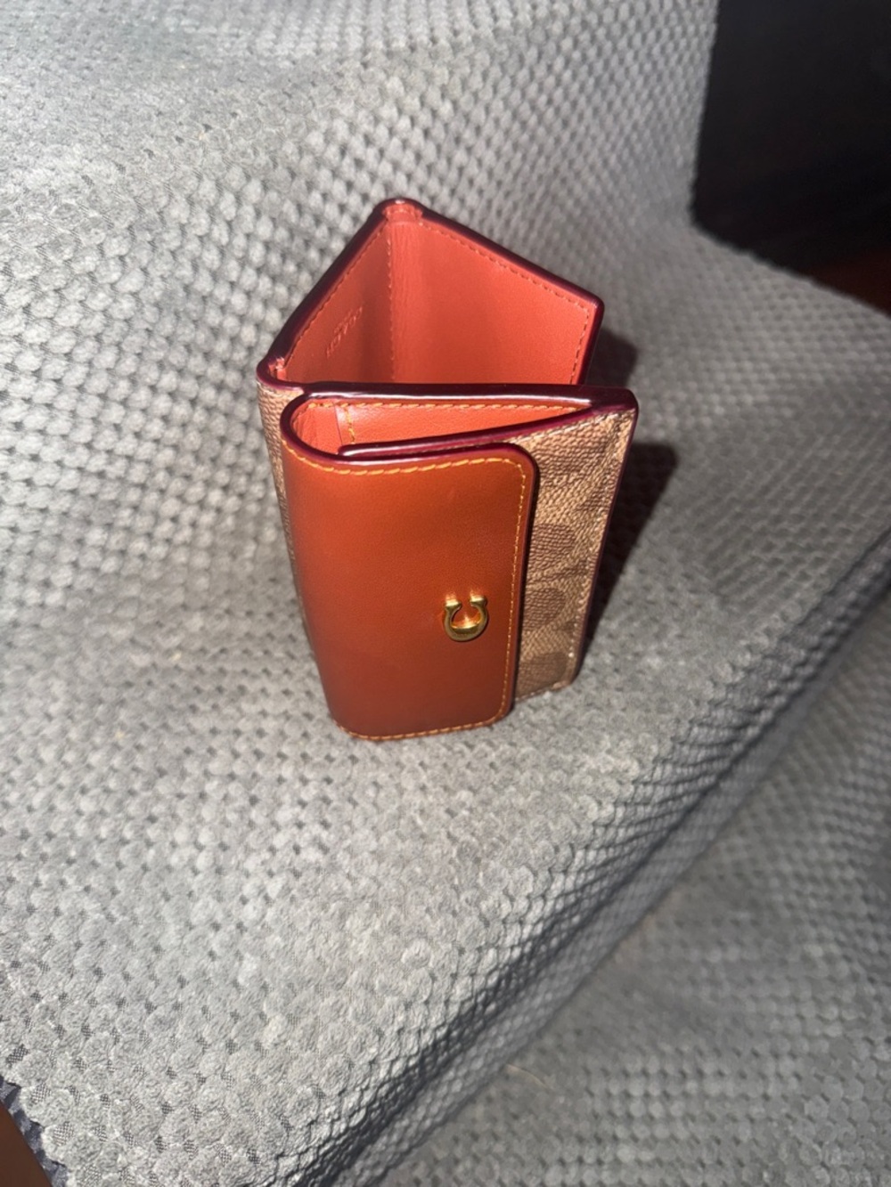 Coach Compact Orange Leather Trifold Wallet with Gold Snap